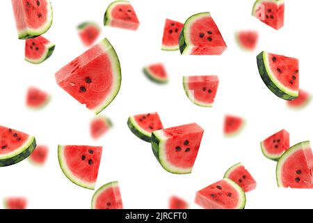 Falling watermelon isolated on white background, selective focus Stock Photo