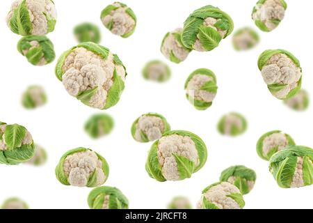 Falling cauliflower isolated on white background, selective focus Stock Photo