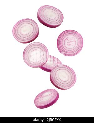 Falling red onion isolated on white background, clipping path, full depth of field Stock Photo