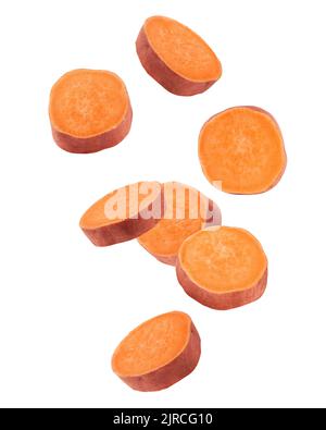 Falling sweet potato, slice, isolated on white background, clipping path, full depth of field Stock Photo