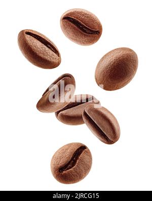 Falling coffee beans isolated on white background, clipping path, full depth of field Stock Photo