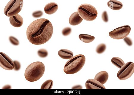 Falling coffee beans isolated on white background, selective focus Stock Photo