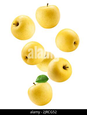 Falling yellow apple isolated on white background, clipping path, full depth of field Stock Photo