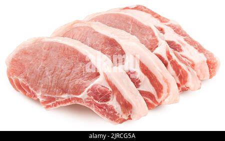 fresh raw meat on white background, pork, beef, chop on a bone, clipping path, full depth of field Stock Photo