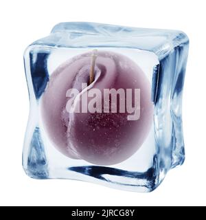 plum in ice cube, isolated on white background, clipping path, full depth of field Stock Photo