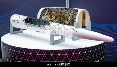 December 8, 2021, Sochi, Russia. The layout of the structural and power scheme of the fragment of the nose of the tsagi 100 supersonic business aircra Stock Photo