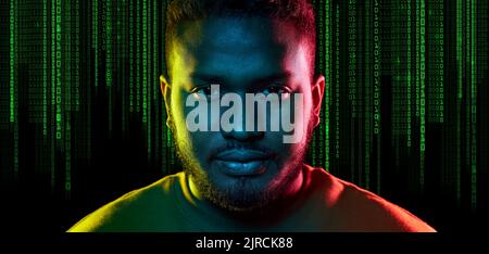 young african american man over binary code Stock Photo
