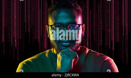 young african american man over binary code Stock Photo