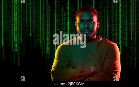 young african american man over binary code Stock Photo