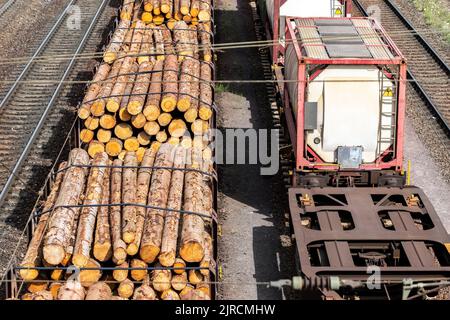 Above view of railway sorting station with many lines directions in Germany. Railroad car wooden timber logs and gas tanks logistics. Raw wood heating Stock Photo