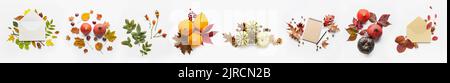 Set of autumn leaves, envelopes and pumpkins on white background Stock Photo