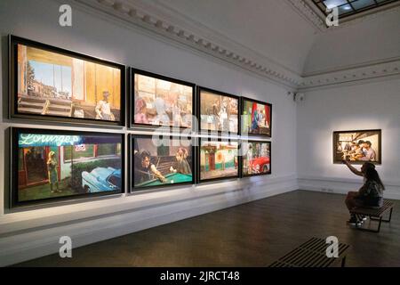 Paintings by Bob Dylan displayed at the Halcyon Gallery July 2022, London, UK Stock Photo