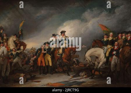 The Capture of the Hessians at Trenton, December 26, 1776 by John Trumbull. The painting depicts the moment when the newly formed American Continental Army, led by George Washington, crossed the Delaware river and caught the Hessian troops by surprise Stock Photo