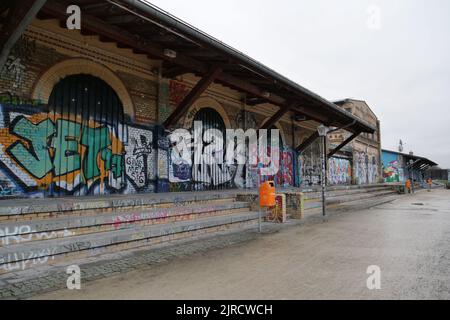 An old train station with graffiti on the walls in Goerlitzer Park in Berlin, Germany Stock Photo