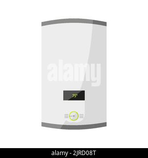 Electric gas boiler water heater with display indicator flat. Hot water tank boiling temperature bathroom electronic appliance smart home plumbing interior comfort display heating control panel Stock Vector