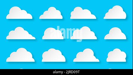 White paper cut clouds set isolated on blue background. Abstract different cloud shapes icon symbol collection. Network internet storage cartoon web banner. Think speech bubble origami concept Stock Vector