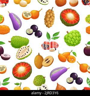 Cartoon tropical fruits seamless pattern, vector fruity background. Exotic fruits and berries pattern of akebia, ackee apple and salak, cherimoya or kiwano with loquat and star apple on background Stock Vector