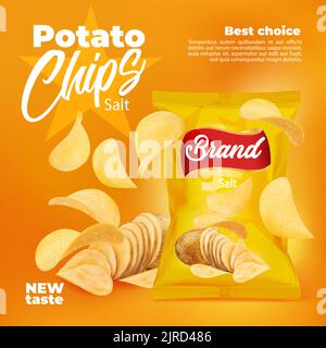 Realistic salty flavored potato chips snack food package. Falling chips, potato turning into crispy snack, yellow foil packaging packet, container on chips advertising vector poster or flyer Stock Vector