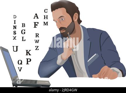 A businessman icon holding a pen looking at a laptop with hovering letters on a white background Stock Vector