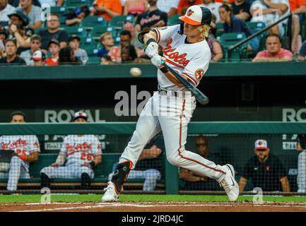 Baltimore Orioles Kyle Stowers (83) bats bats during a spring training  baseball game against the Philadelphia Phillies on March 26, 2023 at Ed  Smith Stadium in Sarasota, Florida. (Mike Janes/Four Seam Images