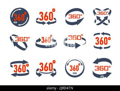 360 degrees virtual camera rotate icons. 3d perspective panorama symbols. 3D tour, sphere panoramic view vector symbols. Full three sixty web virtual tour pictograms, VR video or game icons Stock Vector