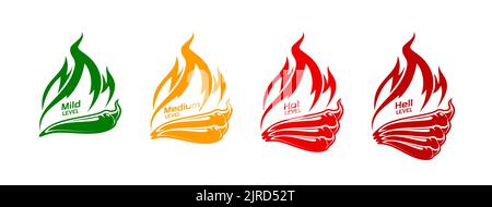 Spicy meter label. Chili pepper scale with different heat level, hot ...