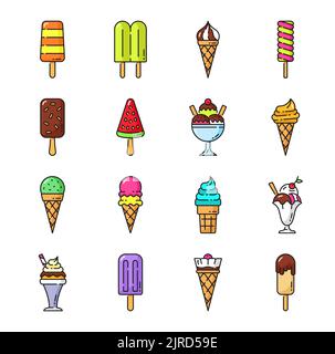 Ice cream color outline icons. Frozen candy sundae, scoop and cone dessert. Gelato frozen sweet dessert outline icons, sundae popsicle and ice cream in waffle cone line vector desserts Stock Vector