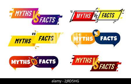 Myths vs facts icons. Truth and false badges. False information and lie versus true, fact checking, fake news and propaganda vector popup bubbles, social media rumors to truth comparing sign Stock Vector