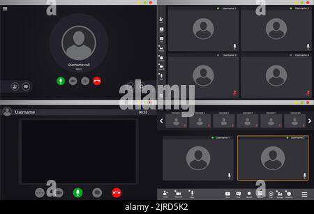Videocall interface, video call screen or conference chat UI template, vector overlay. Videocall display on computer of phone video chat app with zoom, microphone and camera icons of online video call Stock Vector