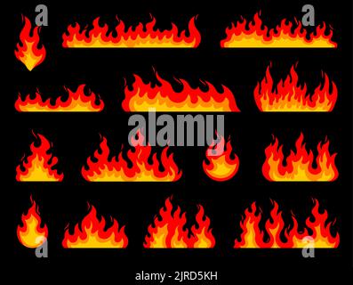 Cartoon fire flames. Bonfire fire. Hell and devil flame, campfire or fireplace fire, wildfire blaze hot red and orange flames frame borders or isolated vector fire dividers set Stock Vector