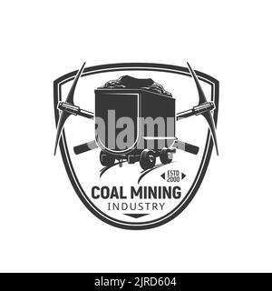 Coal mining trolley and crossed picks badge. Mining industry equipment and fossil fuel production vector retro symbol or sign. Mining trolley full of coal on rails, miners pickaxes monochrome icon Stock Vector