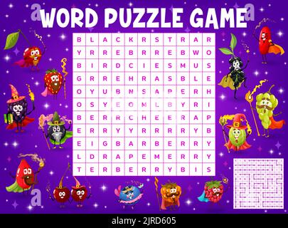Word search puzzle game, wizard and fairy musical instrument characters ...