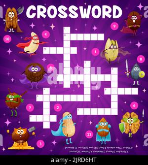 Cartoon nuts, legume superhero and defender characters crossword puzzle