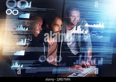 Working on the code together. young computer programmers working on source code. Stock Photo
