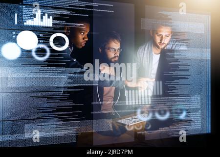 Hes spotted something. young computer programmers working on source code. Stock Photo