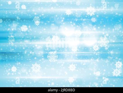 Abstract blue and white bokeh Christmas background with snowflakes. Vector design Stock Vector