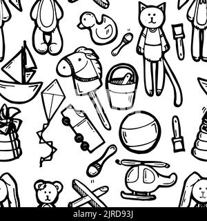 Toys for children of different ages. Seamless pattern.Outline hand drawn sketch. Drawing with ink. Isolated on white background. Vector. Stock Vector