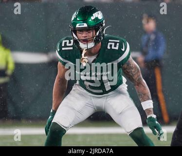 New York Jets safety Ashtyn Davis (21) reacts after making a first down  during the second half of an NFL football game against the Buffalo Bills,  Sunday, Nov. 6, 2022, in East