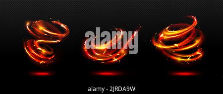 Fire sparkle motion effect, spiral twist or swirl. Magic spell with sparks. Red wand trace isolated on black background. Magician lightnings, wizard, fairy shiny light Realistic 3d Vector illustration Stock Vector