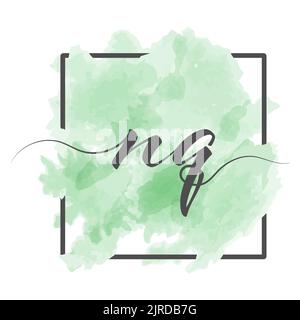 Calligraphic lowercase letters N and Q are written in a solid line on a colored background in a frame Stock Vector