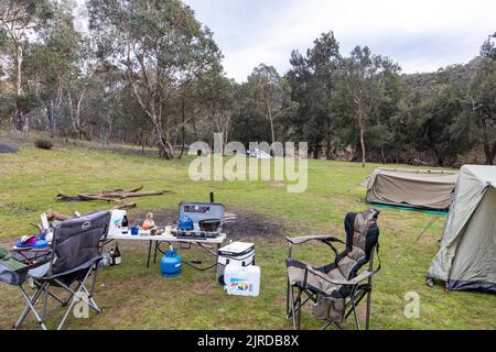 Australia camping camp site with tents and chairs, Abercrombie river national park,NSW,Australia Stock Photo