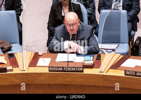 New York, USA. 23rd Aug, 2022. Russian Ambassador Vassily Nebenzia speaks during Security Council meeting on Russia-Ukraine nuclear security at UN Headquarters in New York on August 23, 2022. (Photo by Lev Radin/Sipa USA) Credit: Sipa USA/Alamy Live News Stock Photo