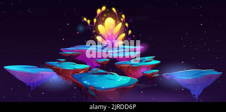 Fantasy flower on flying island platform. Vector illustration of magic pieces of land covered with ice floating in air, beautiful abstract plant on top. Cartoon cosmic background for adventure game ui Stock Vector