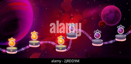 Space game level map with futuristic cosmos background, flying platforms with numbers of stages and gold stars. Futuristic galaxy landscape, vector cartoon background for game interface Stock Vector