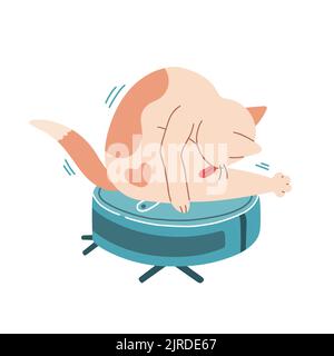 Cat on robot vacuum cleaner flat design vector Stock Vector
