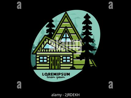 Illustration badge design of an aesthetic wood house between two pine trees Stock Vector