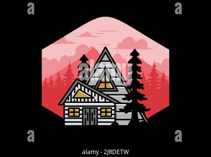 Illustration badge design of an aesthetic wood house between two pine trees Stock Vector