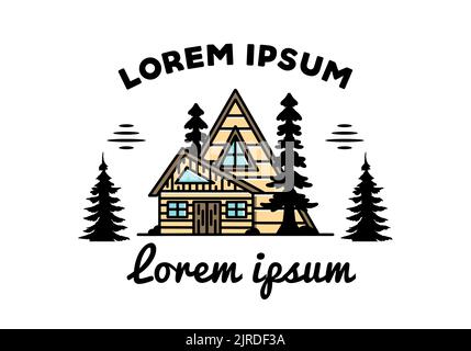 Illustration badge design of an aesthetic wood house between two pine trees Stock Vector