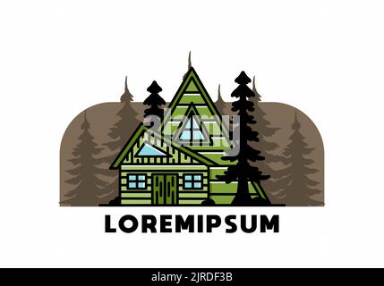 Illustration badge design of an aesthetic wood house between two pine trees Stock Vector