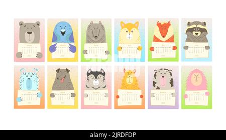 2023 calendar for each month, cute animal holding a monthly calendar sheet, hand drawn childish style. Stock Vector